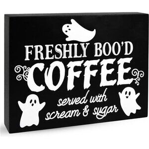 Freshly Boo'd Coffee Sign - Spooky Wooden Tabletop Plaque for Kitchen Decor